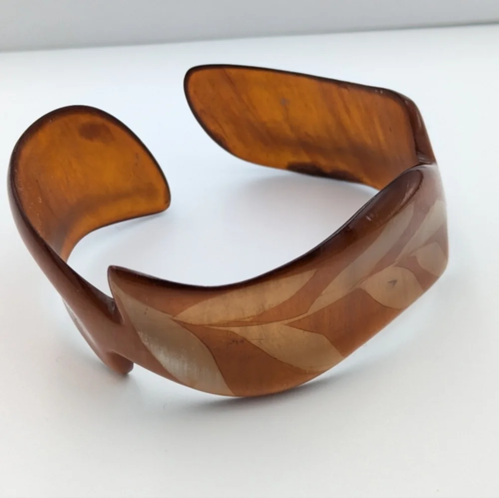 Vintage stunning brown bangle cuff bracelet with leaf pattern - Picture 6 of 7